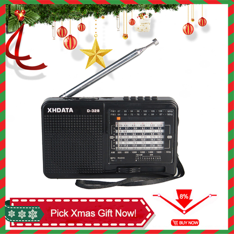XHDATA-Radio portátil D-328 con reproductor de música, SW FM Radio AM, 12 bandas con reproductor de música DSP/MP3 y ranura para tarjeta TF, paquete con batería recargable, color negro ► Foto 1/6