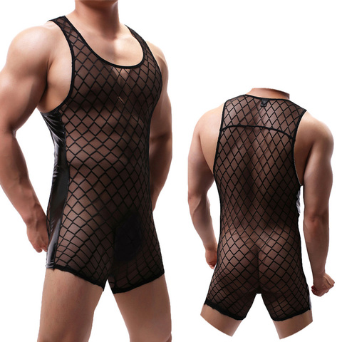 Ropa interior Sexy de piel sintética para hombre, monos transparentes de  malla, lencería de una pieza para lucha libre, monos cortos, ropa interior  Gay - Historial de precios y revisión | Vendedor