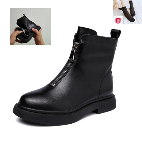 Botas cortas de piel auténtica para mujer, con cremallera frontal Botines de cuero de alta calidad, color negro, para primavera y otoño ► Foto 1/6