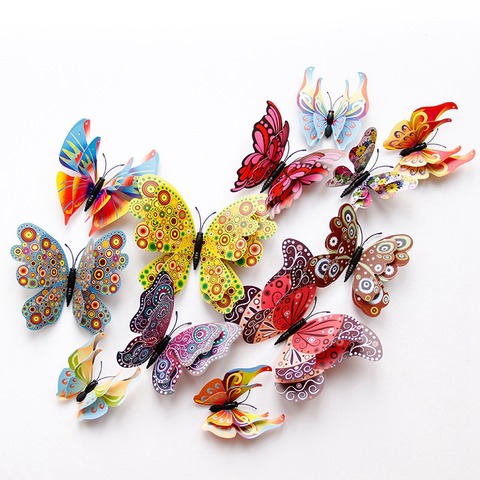 Mariposa decorativa de doble capa 3D para dormitorio, cortina de fiesta, flor falsa, decoración artesanal, mariposas de PVC con Pin, 12 unids/lote ► Foto 1/6