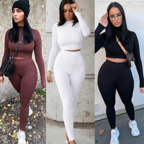 Conjuntos de dos piezas para mujer, chándales sólidos de otoño, ropa deportiva elástica de cintura alta, Tops cortos y Leggings a juego ► Foto 1/6