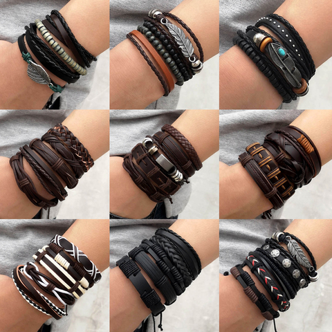 4 unidades/juego de colgante clásico de hoja para hombre, cuentas de arroz, pulsera de cadena de cuerda ajustable, pulseras de envoltura trenzada Punk para hombre, joyería ► Foto 1/6