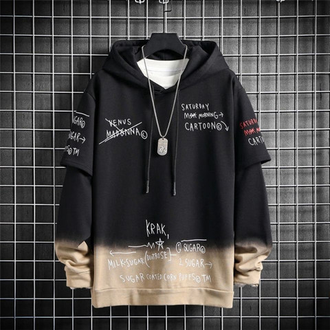 Camisetas de retales de estilo Hip Hop para hombre, ropa de calle, jersey de otoño, sudaderas Harajuku, Sudadera con capucha divertida de gran tamaño con capucha de estilo coreano negro ► Foto 1/6