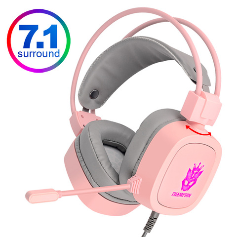 Auriculares estéreo con sonido envolvente para videojuegos, auriculares alámbricos con USB y micrófono, luz de respiración para PC y PS4, color rosa, 7,1 ► Foto 1/6