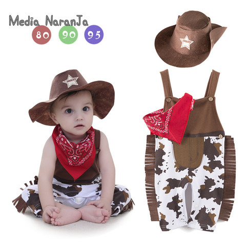 Conjunto de ropa de vaquero para bebé, traje de pelele para niño pequeño, 3 uds., sombrero + bufanda + pelele, halloween, evento, cumpleaños ► Foto 1/6