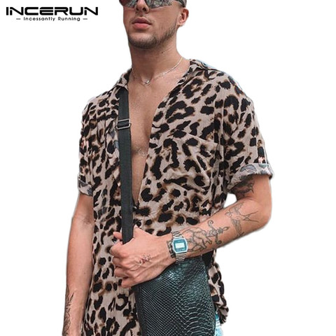 INCERUN, Camisa de manga corta con solapa para hombre, blusa informal Floral, Tops Hawaianos para playa, camisetas veraniegas con estampado de leopardo, Camisa de talla grande ► Foto 1/1