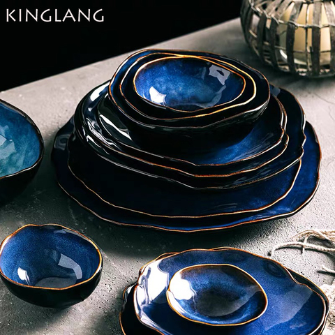 KINGLANG-vajilla de cerámica con forma Irregular para 2/4 personas, juego de platos, Color azul ► Foto 1/5