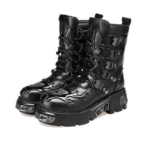 Botas de cuero estilo gótico Punk para hombre, botas de moto con plataforma de goma, media pantorrilla, combate militar, color negro ► Foto 1/6