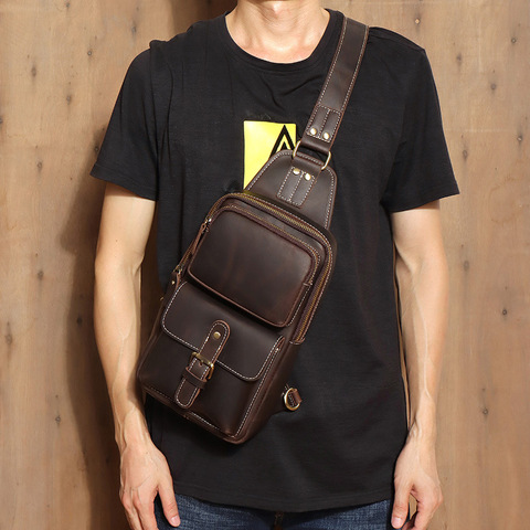 Pecho del cuero genuino de los hombres bolsa de cuero de Caballo Loco gran capacidad Crossbody bolso Casual masculina equitación mensajero iPad caso Sling bolsa ► Foto 1/6