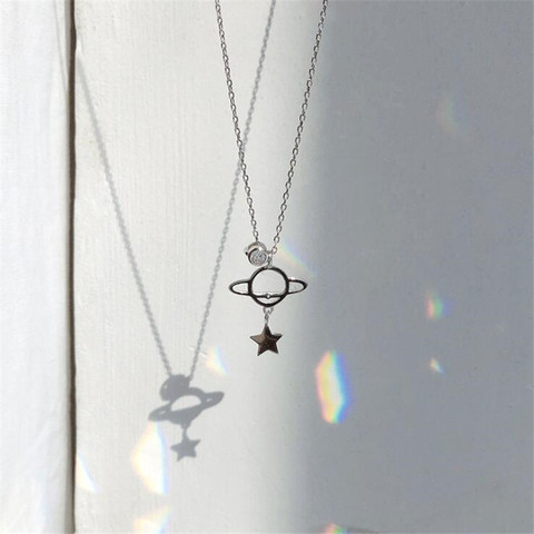Collar de cadena con forma de luna y estrella de Planeta, joyería creativa de Plata de Ley 925, cadena de clavícula de cristal con personalidad H527 ► Foto 1/5