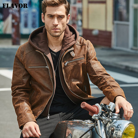 Chaqueta de cuero marrón para hombre, chaqueta de piel auténtica con capucha extraíble, de cuero cálida, para invierno, nueva ► Foto 1/6