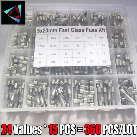 Kit de fusibles de vidrio rápido 360 unids/caja, 24 valores, 5x20mm, en paquete, 0.2A, 0.5A, 1A, 2A, 3A, 5A, 6A, 8A, 10A, 15A /250V, 5x20 ► Foto 1/1