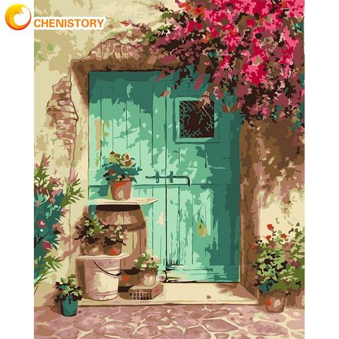 CHENISTORY-Cuadro al óleo pintado a mano por números, puerta azul con flor, pintura acrílica, Color sobre lienzo, pintura para pared del hogar ► Foto 1/6