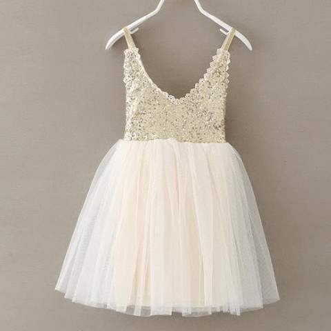 Vestido tutú con lentejuelas para niña, vestido de gasa con tirantes brillantes, cuello en V, Beige, para fiesta de boda, 1-7 años ► Foto 1/6