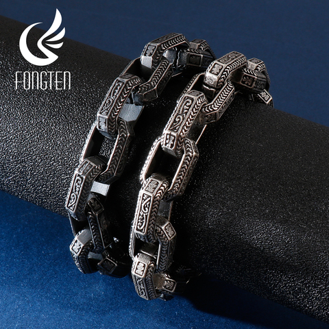 Fongten, brazalete con cuentas cuadradas Vintage para hombre, abalorios Punk Vikingos de acero inoxidable negro, pulseras pesadas, joyería de moda ► Foto 1/6