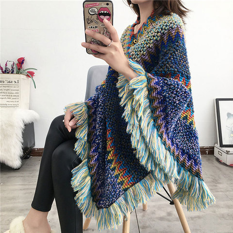 Nueva capa de invierno, poncho de las mujeres suave, de punto a rayas Chevron borla chal bohemio Ponchos echarpe hiver Cárdigan para mujer capas ► Foto 1/6