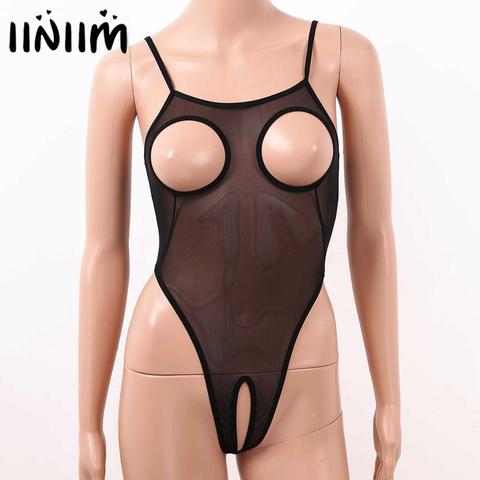 Mono de malla transparente con pezones para mujer, traje de gato Sissy con agujero, lencería con agujeros para el pecho, Tanga abierta, sin entrepierna ► Foto 1/6