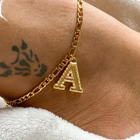 Tobilleras con iniciales de acero inoxidable para mujer, pulsera de tobillo con letras del alfabeto en la pierna, A-Z, cadena de oro, joyería Bohemia ► Foto 1/6