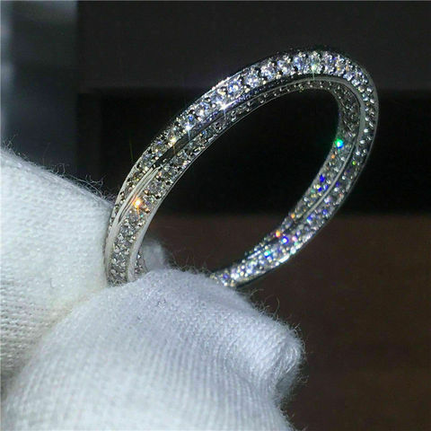 Huitan nuevo diseño clásico banda anillo de boda para las mujeres Micro pavimentado pequeño redondo CZ piedra Color plata Simple joyas de matrimonio, anillo ► Foto 1/5