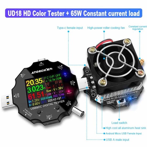 Probador USB DC5.5, voltímetro digital de CC, cargador tipo batería externa, detector de corriente de voltaje, amperímetro, QC/PD3.0, medidor 18 en 1 + carga de 65W ► Foto 1/6