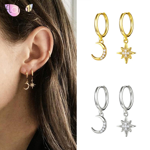 925 pendientes de plata-aros de Luna estrella pendientes de luna creciente minimalista apilable pendientes Starburst pendientes para mujeres A30 ► Foto 1/6