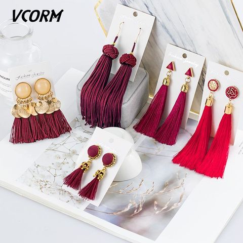 VCORM-pendientes largos de algodón con flecos para mujer, aretes, borlas, cristal, estilo bohemio, color rojo, tela de seda, 2022 ► Foto 1/6