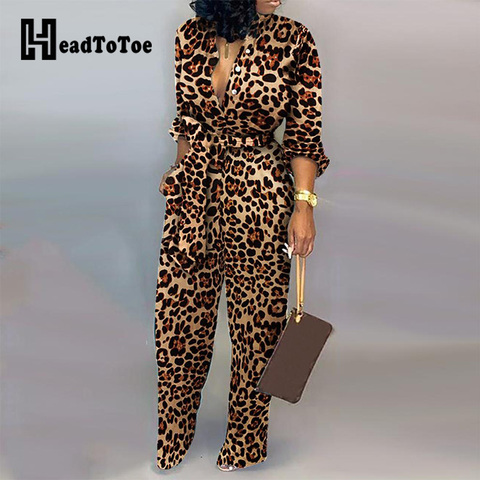 Mono de leopardo atado a la cintura de manga larga para mujer, petos de una pieza de moda, monos informales, ropa de calle, envío directo ► Foto 1/6