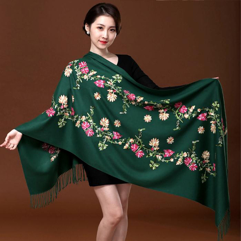 Pashmina verde bordada con flores para mujer, bufanda de Cachemira para invierno, chal con borlas largas y cálidas, bufandas a la moda ► Foto 1/6