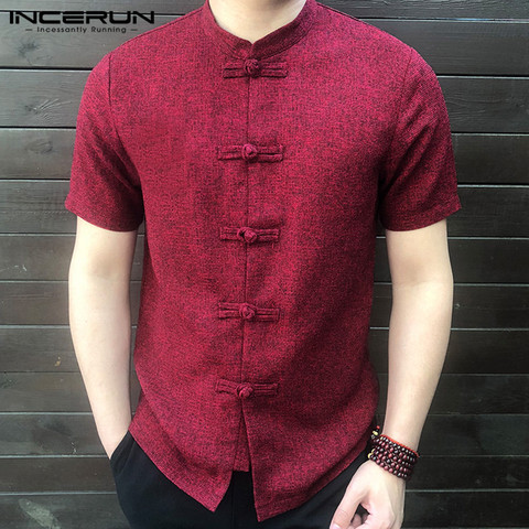 INCERUN-Camisa de estilo chino para hombre, Tops de manga corta con cuello levantado y botones, informales, sueltos, Color sólido, Estilo Vintage, 2022 ► Foto 1/6
