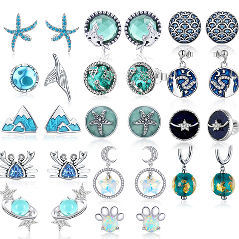 BAMOER mar azul CZ pendientes para las mujeres 925 Sterling Silver Earring sirena ola estrella de mar Animal joyería de pendientes chica ► Foto 1/6