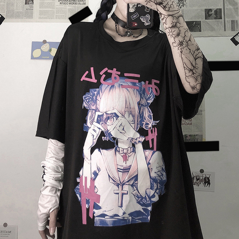 Tops cortos para mujer, camisetas y2k de manga corta con estampado gótico, ropa de estética Grunge, ropa Harajuku de anime vintage de gran tamaño ► Foto 1/6