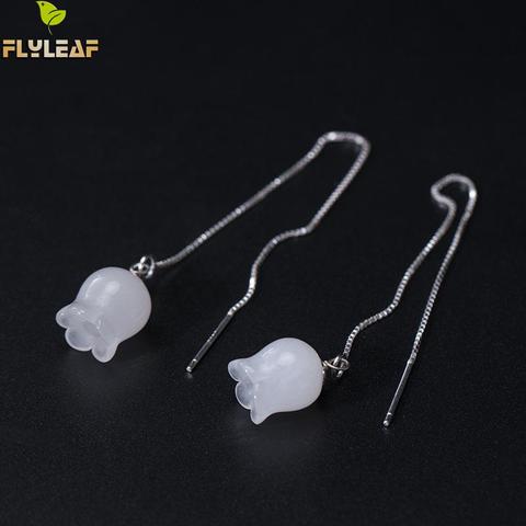 Flyleaf-pendientes largos de oro para mujer, Plata de Ley 925 auténtica de Jade blanco fino, carillones de viento, pendientes de línea de oreja, joyería ► Foto 1/5