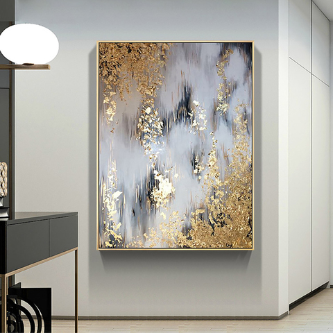 Lienzo abstracto pintado a mano con textur dorado, arte de pared grande para sala de estar, decoración del hogar sin franjas ► Foto 1/6