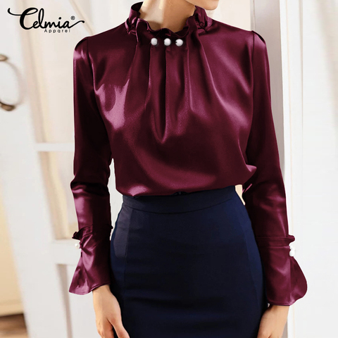 Celmia, Blusas de satén para mujer, camisa elegante de seda de manga larga, cuello levantado de perlas, Tops de oficina para mujer, Blusas informales sólidas de talla grande ► Foto 1/6