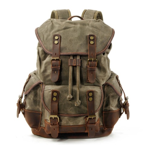 Mochila de cuero para hombre, mochila de lona encerada de alta capacidad, Estilo Vintage, para la escuela, senderismo, Viajes ► Foto 1/6