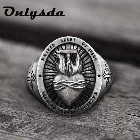 Anillo de acero inoxidable 316L para hombre, motorista, Punk, Sagrado Corazón de Jesús, joyas de amuleto cruzado, regalo para hombre, OSR607 ► Foto 1/5