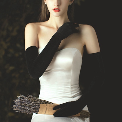 KYY9038-guantes largos de terciopelo para mujer, manoplas de fiesta de satén liso, finos y cálidos, de franela, negro, 58cm, 1 par ► Foto 1/3