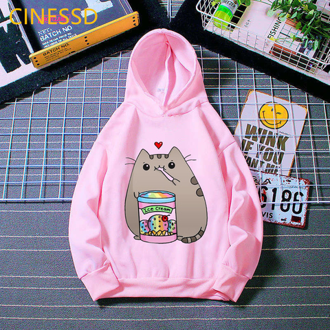 Ropa Kawaii para niños, Sudadera con capucha con estampado de gato de café, helado, Animal rosa, Harajuku, divertida, abrigo ► Foto 1/6