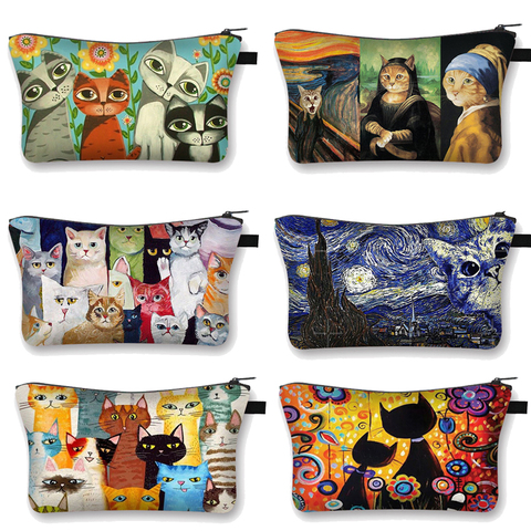 Estuche con estampado de gato para cosméticos, bolsos de maquillaje para mujeres, bolsa de almacenamiento de gatito con dibujos animados, Mona Lisa ► Foto 1/6