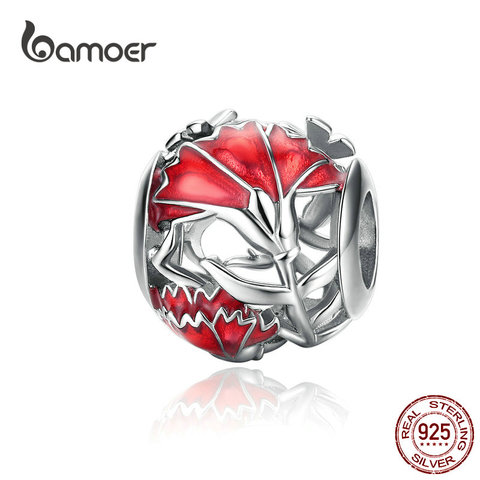 Bamoer-Cuentas redondas con forma de flor de clavel para mujer, abalorio de pétalos de esmalte rojo calado, fabricación de joyas, pulsera, BSC097 ► Foto 1/6