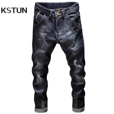 KSTUN-pantalones vaqueros rasgados para hombre, ropa de calle desgastada, ajustados, elásticos, azules oscuros, informales, Retro, para motorista, Hiphop ► Foto 1/6