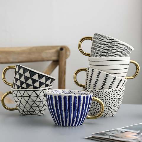 MEILING-Tazas grandes pintadas a mano con mango dorado, diseño geométrico, tazas de cerámica, café, té, leche, forma Irregular, decoración del hogar ► Foto 1/6