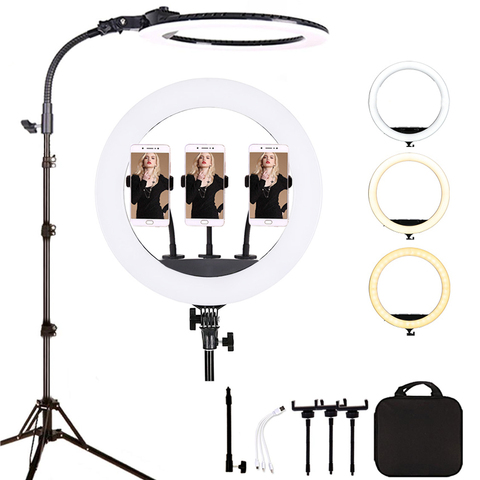 Iluminación regulable para estudio de fotografía, soporte de teléfono para maquillaje, tatuaje, vídeo de Youtube, 18 pulgadas, 65W, Anillo de luz LED, 2M ► Foto 1/6