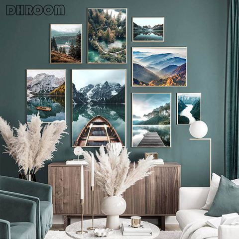 Pared de paisaje natural, arte bosque montaña pintura lago estampado de barco decoración nórdica foto moderna Casa Decor ► Foto 1/6