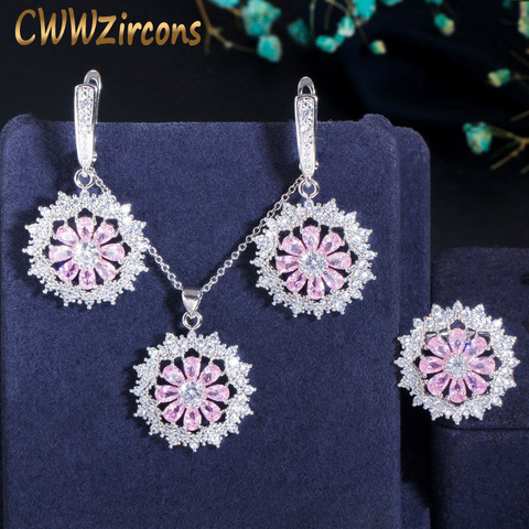 CWWZircons-pendientes de aro con piedras de Zirconia cúbica para mujer, conjunto de anillo y collar, joyería para fiesta, color rosa, T427 ► Foto 1/6