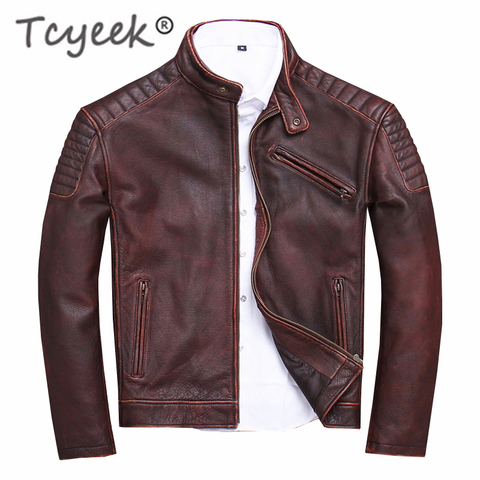 Tcyeek-Chaqueta de piel auténtica para hombre, abrigo de cuero de vaca a la moda, ropa de calle para motociclista, abrigos ajustados, 100%, U-1806, 2022 ► Foto 1/6