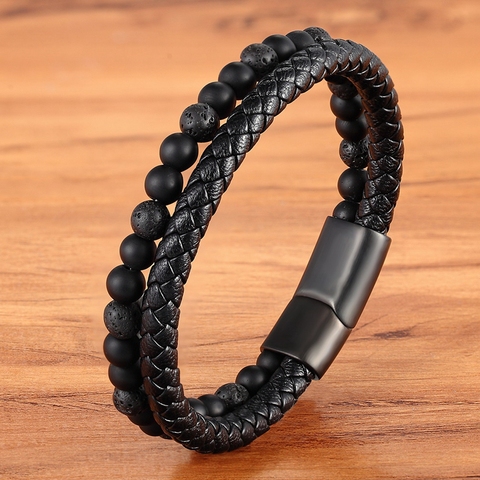 Pulsera de acero inoxidable con cuentas de piedra Natural para hombre, brazalete de doble Pulsera piel capas con cierre magnético ► Foto 1/6