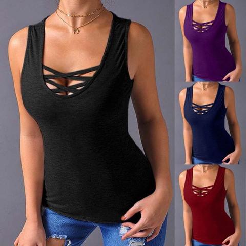 Camiseta de talla grande a la moda de verano de Color liso con tirantes cruzados y cuello redondo sin mangas, camiseta Casual suelta sin mangas ► Foto 1/6