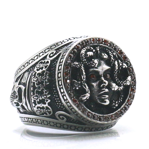 Unisex 316L de acero inoxidable nuevo Punk gótico Medusa piedra roja clásico rey anillo de calavera ► Foto 1/6