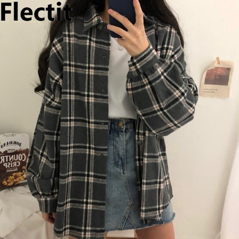 Camisa grande de franela Flectit, blusa a cuadros y manga larga con cuello para novio, blusas y camisas de otoño e invierno para mujer * ► Foto 1/6